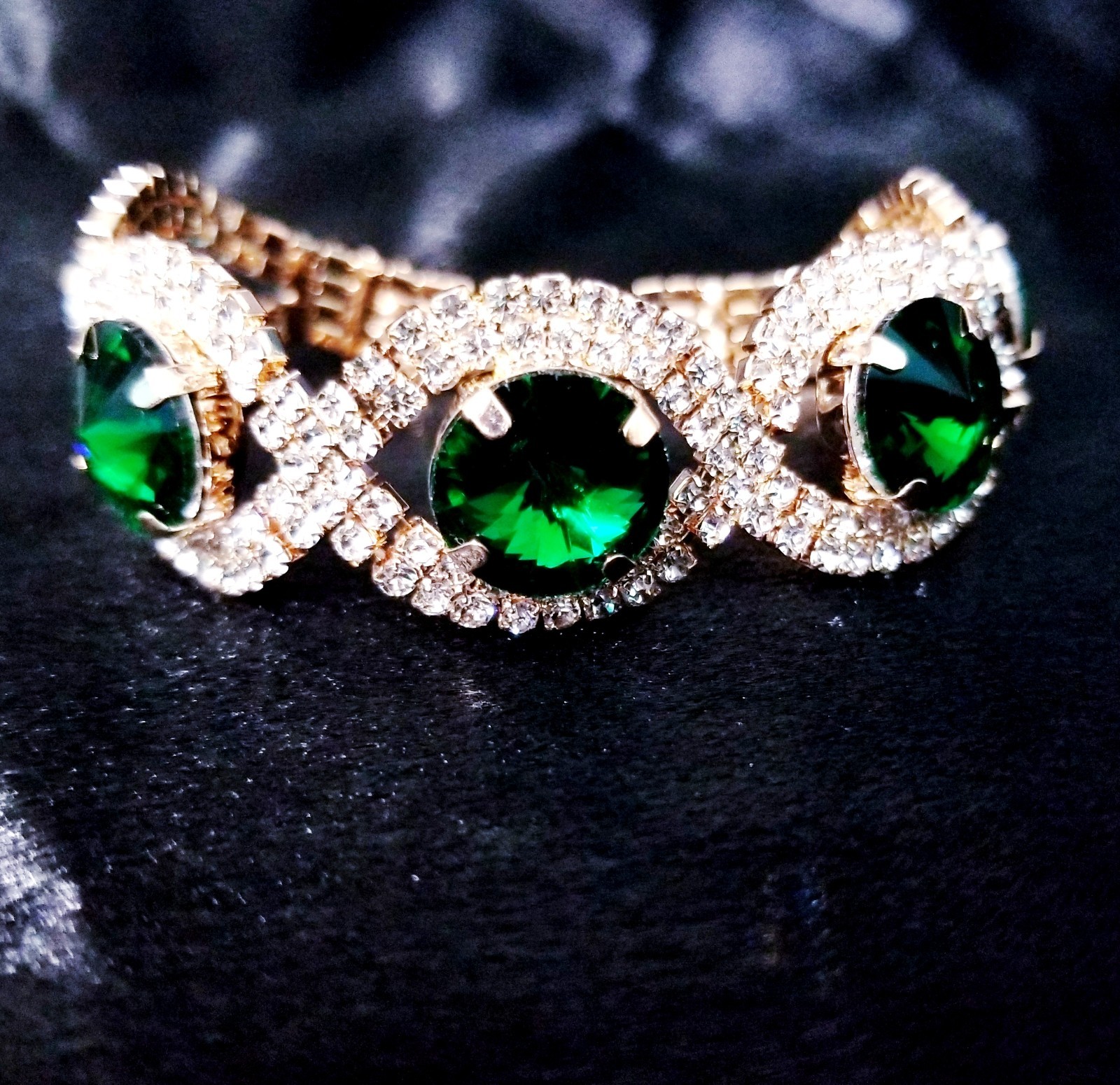 Green Gold Rhinestone Bracelet Prom Pageant Statement Drag Wedding Jewelry