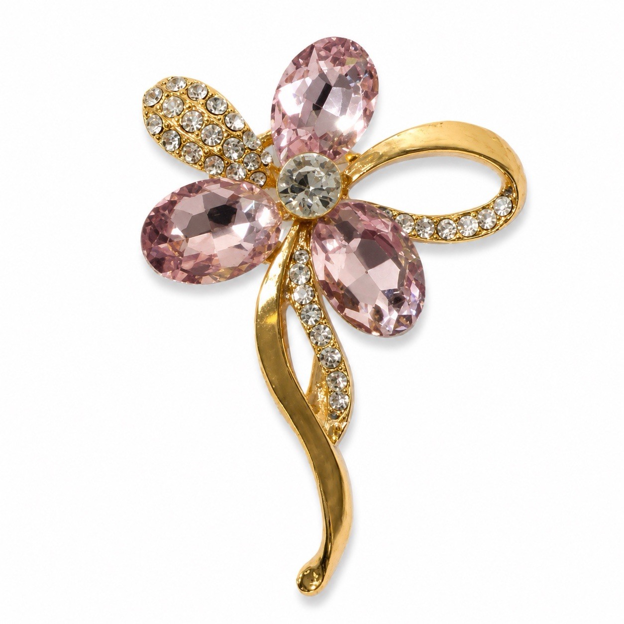 Pastel Pink Floral Rhinestone Stunning Gold Tone Flower Stem Brooch