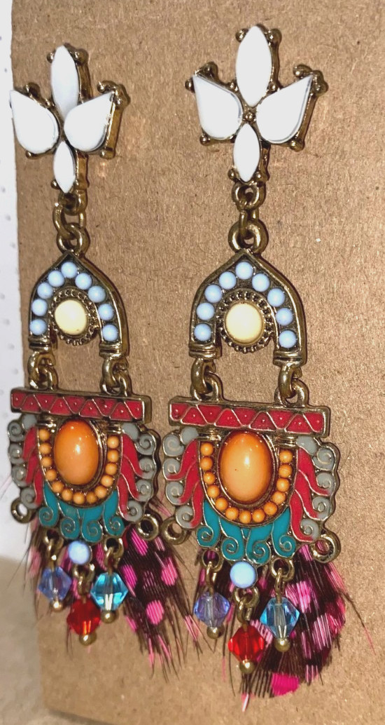 Multicolor Boho Chic Dangle Earrings with Feather Accents