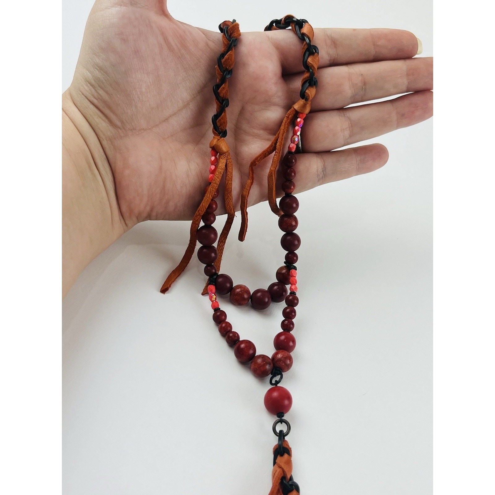 Annie Costello Brown necklace Orange Suede Leather Beaded Twisted Lariat Y Drop