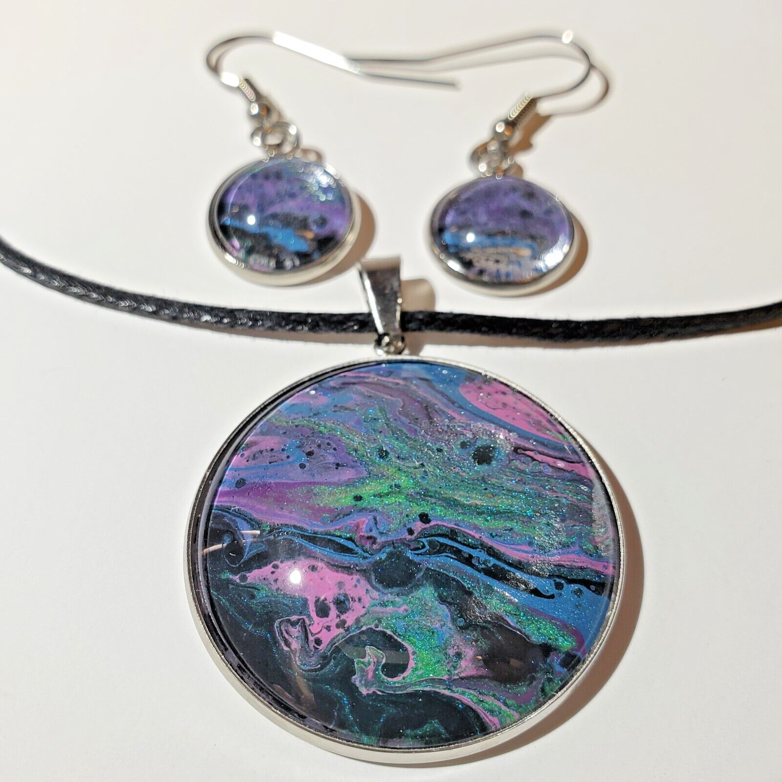 Necklace and Earrings Set, Handmade Acrylic Paint Pour Painting Jewelry, A13