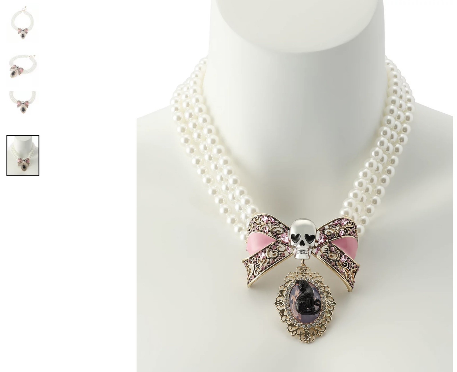 Betsey Johnson Faux Pearl Crystal Skull Bow Cameo Cat Statement Necklace NWT ☠️