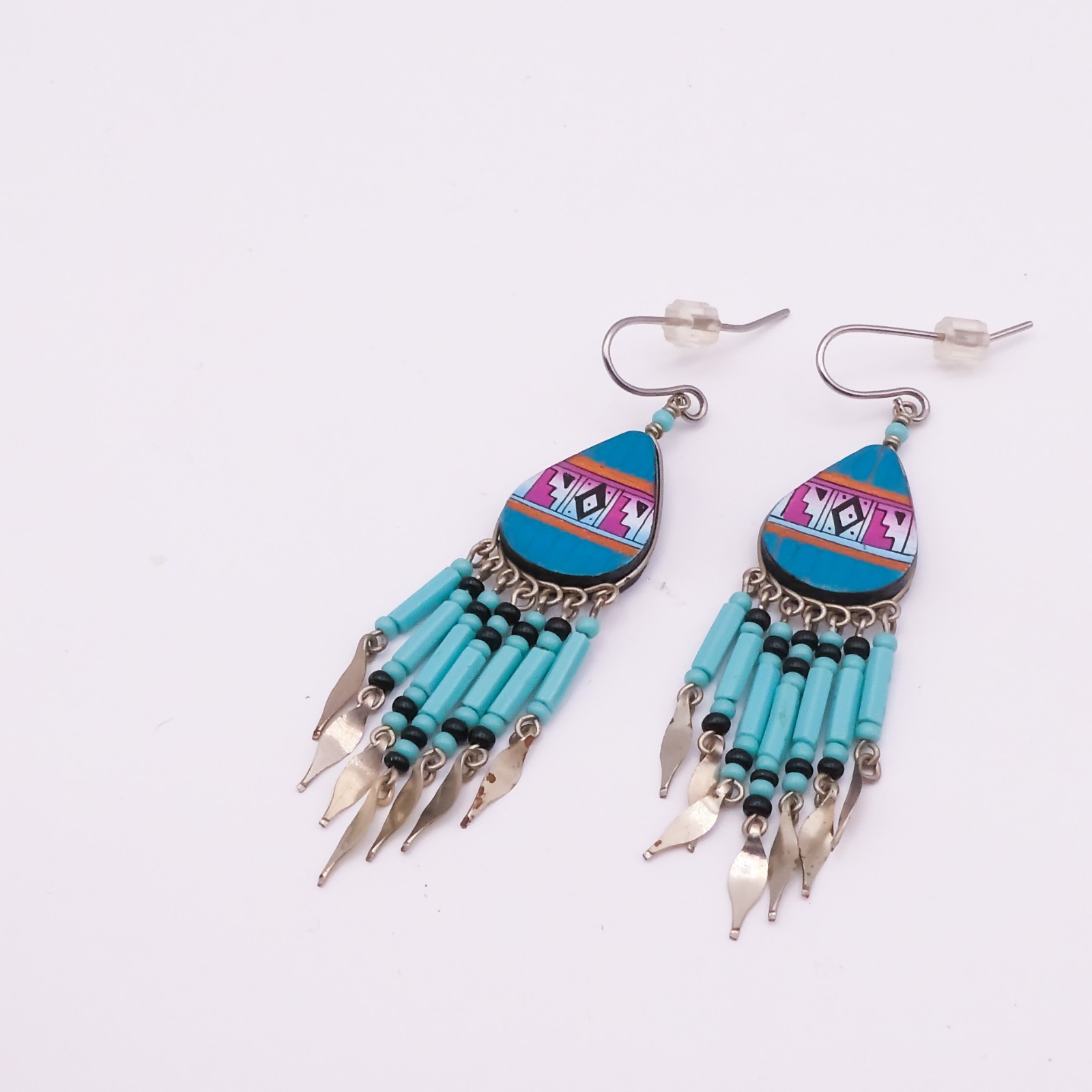 Vintage Handmade Turquoise Handpainted Chandalier Drop-Dangle 2.5″ Earrings