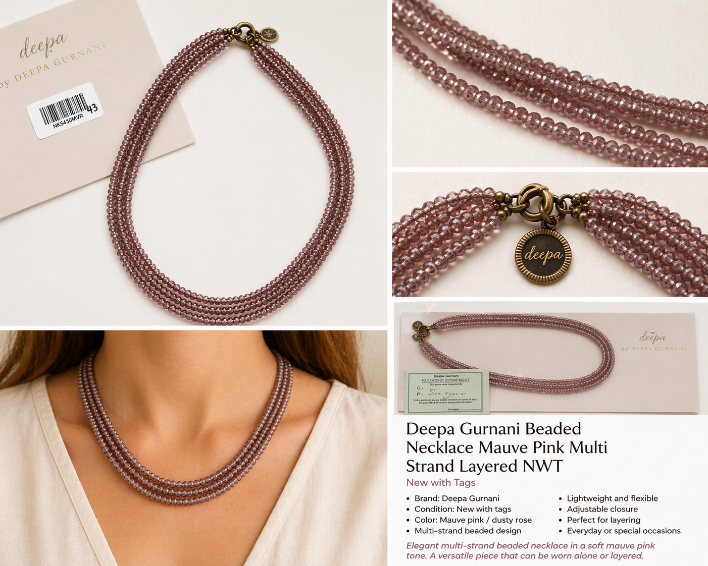 Deepa Gurnani Beaded Necklace Mauve Pink