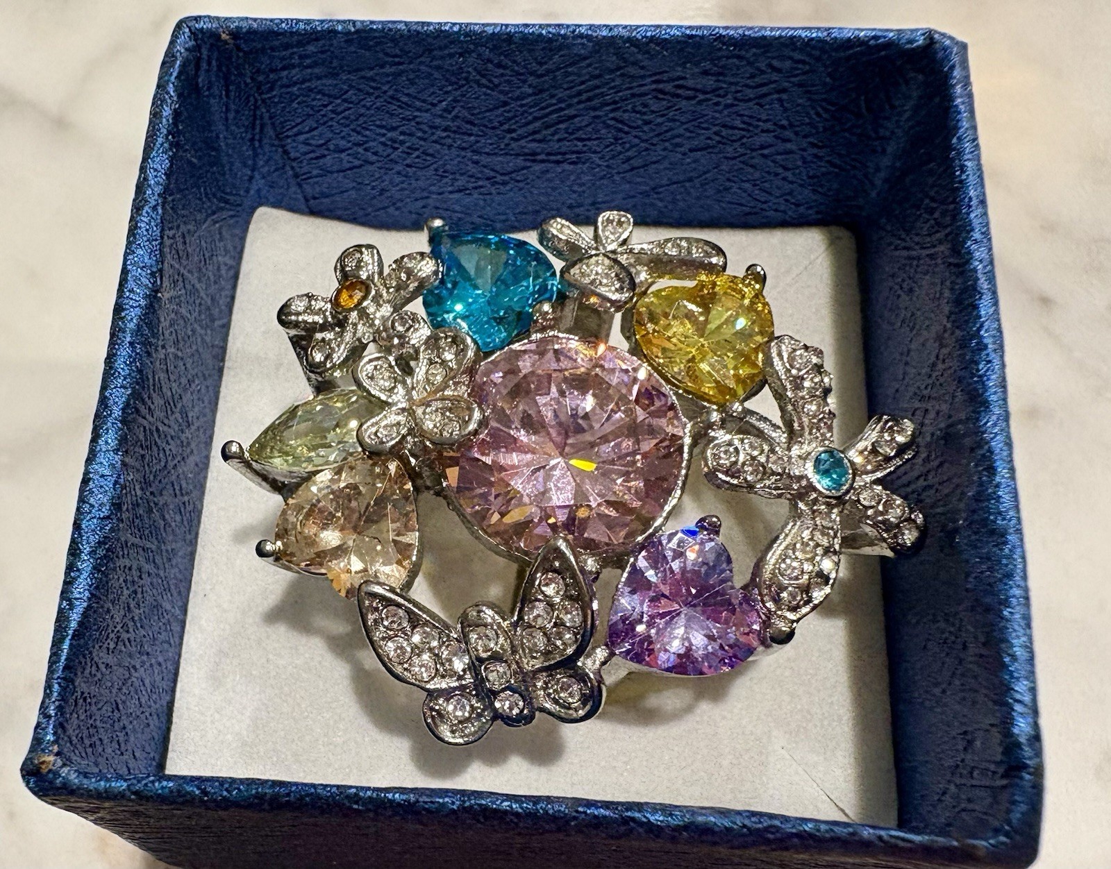 Cocktail-style Cluster Ring of Multicolored Crystals Stainless Steel Size 11