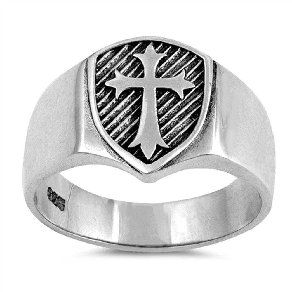 .925 Solid Sterling Silver Medieval Shield Cross Band Ring – Different Sizes