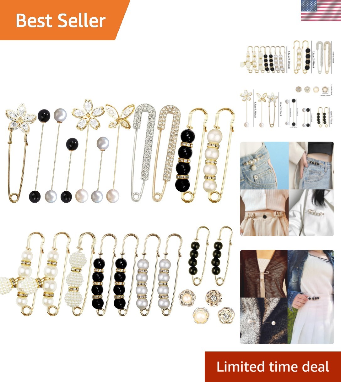 24 Pieces Pearl Crystal Brooch Safety Pins Button Pins Pant Waist Tightener P…