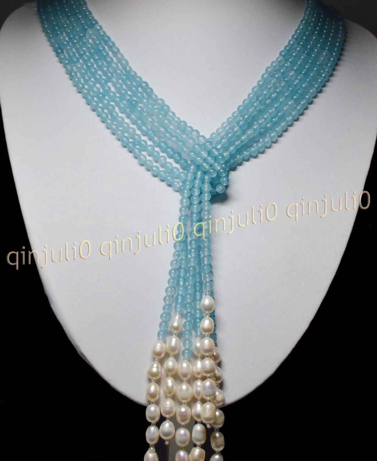 3 Strands Natural 4mm Gemstone Round Beads 7-8mm White Pearl Scarf Necklace 50”
