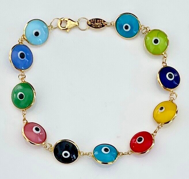Multi Color Evil Eye Glass Bead Bracelet Gold 925 Sterling Silver Bracelet 71/2″