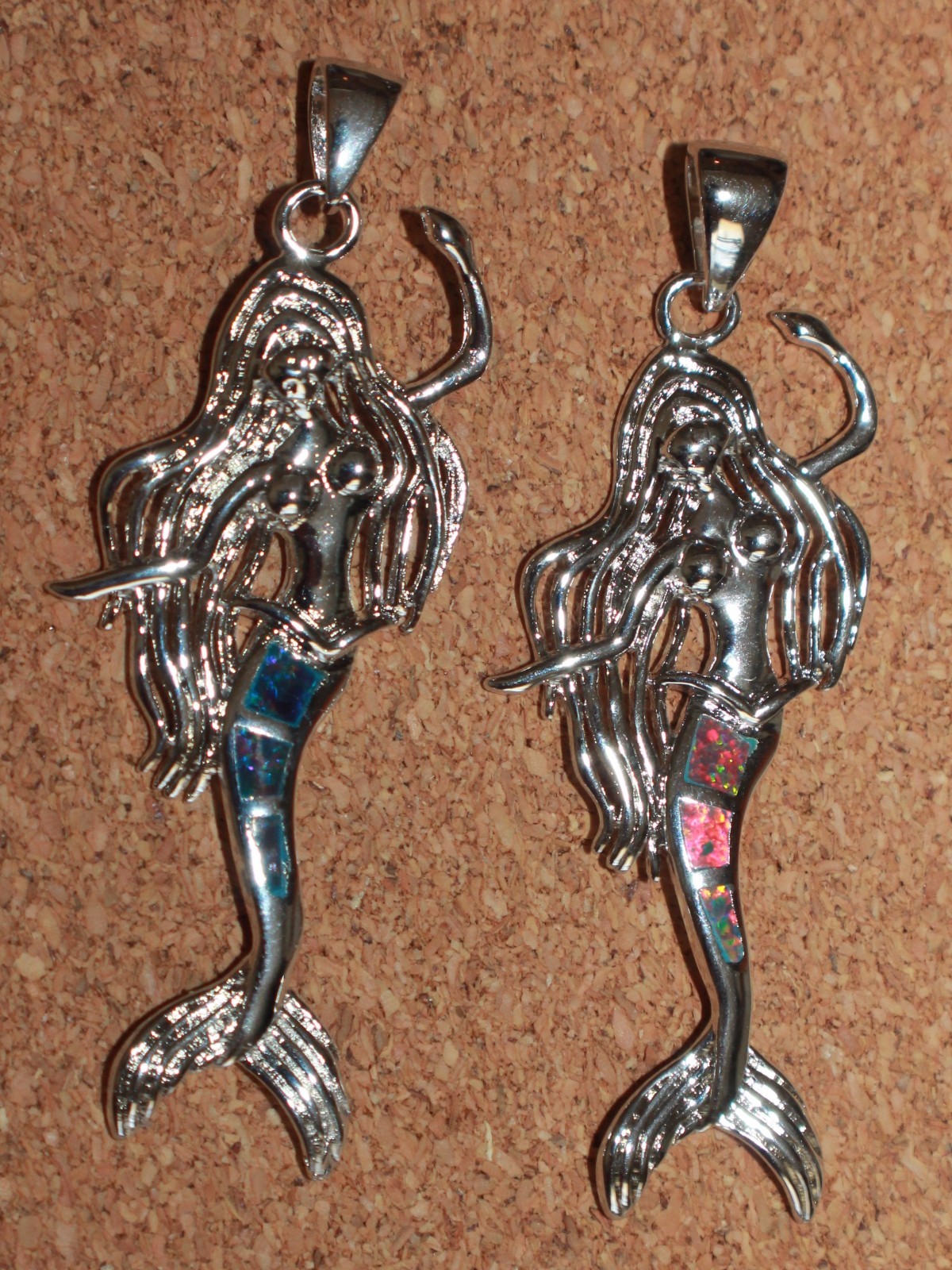 1 inlaid fire opal necklace pendant gems silver plate jewelry Mermaid Marine Sea
