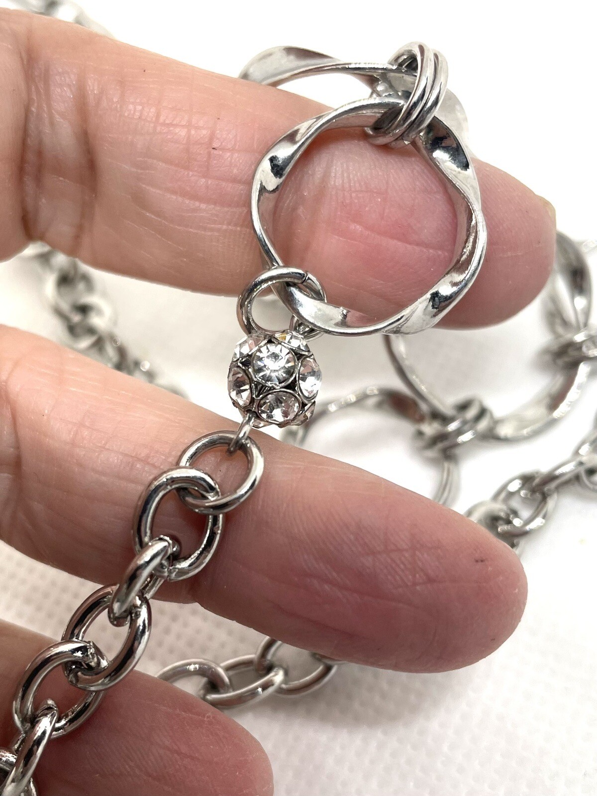 Silver Tone Three Twisted Wire Circles & Crystal Pave Beaded Station Necklace