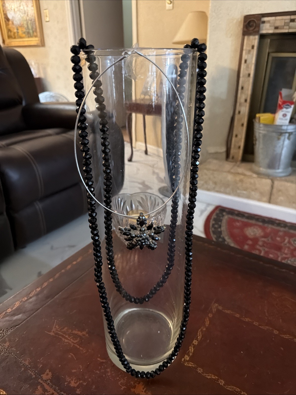 Black 62 In Crystal Bead Necklace with A Black Pendant Or Brooche. Beautiful