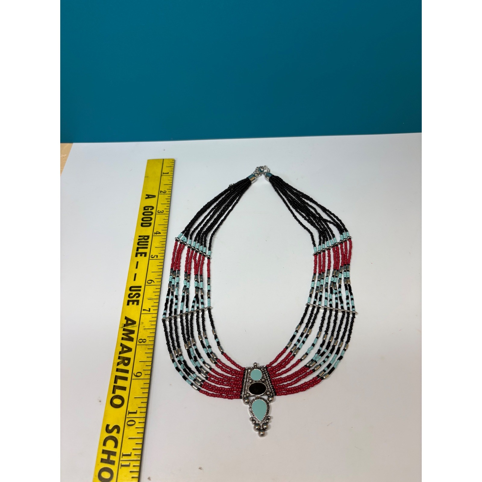 Southwestern Multi Strand Seed Bead Bib Necklace Red Black Turquoise Silver Tone