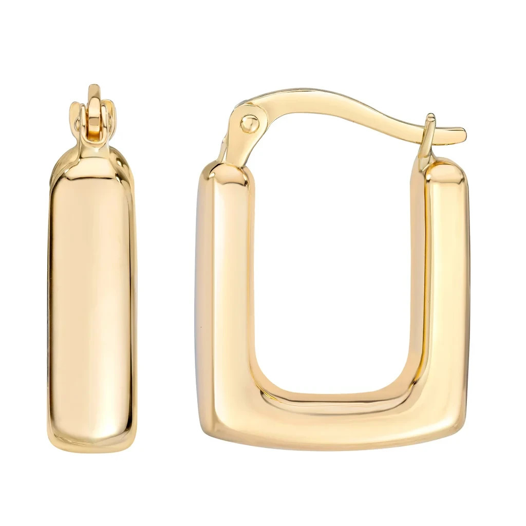 14K Yellow Gold Square Hoop Earrings High Polish Snap Post
