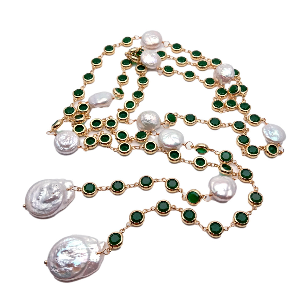 Cultured White Coin Pearl Keshi Pearl Long Green Cz Rosary Necklace