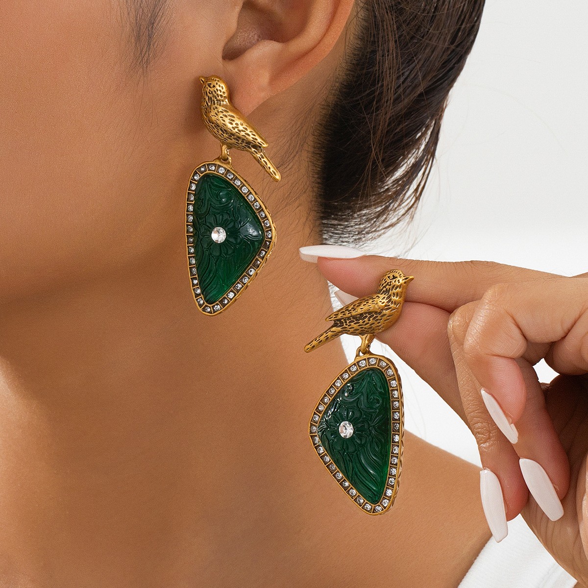 Vintage French Palace Green Geometric Bird Drop Earrings Luxury