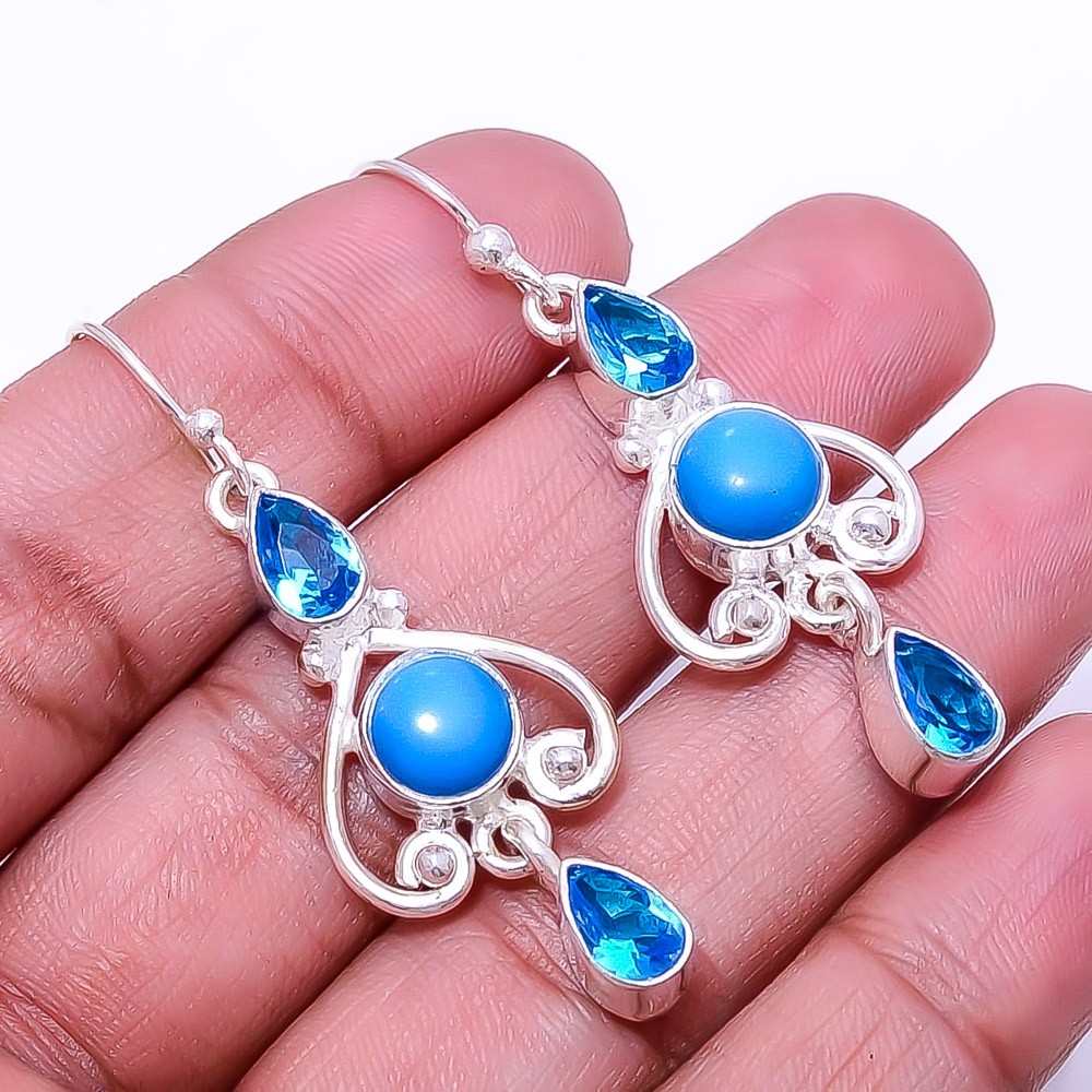 Sleeping Beauty Turquoise Multi Collet 925 Sterling Silver Earring 1.95″ E13