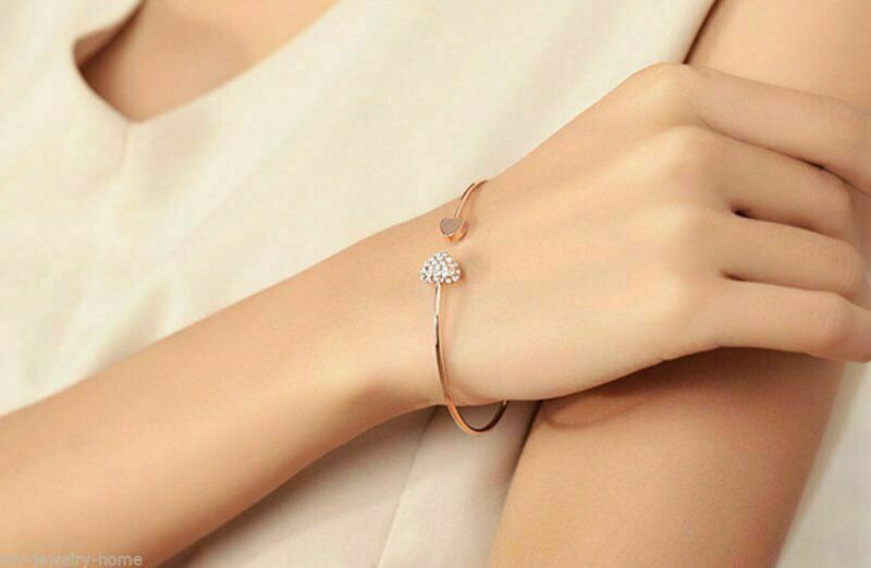 Double Heart Cuff Bracelet-Crystal Charm Open Bangle Women Gold Color Bracelets