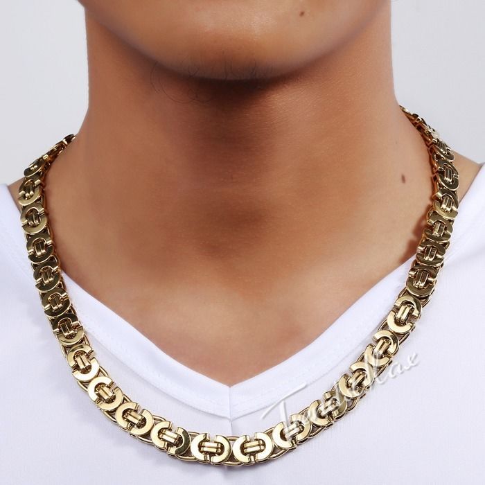 11mm Flat Byzantine Link Necklace Silver/Gold Plated Stainless Steel MENS Chain
