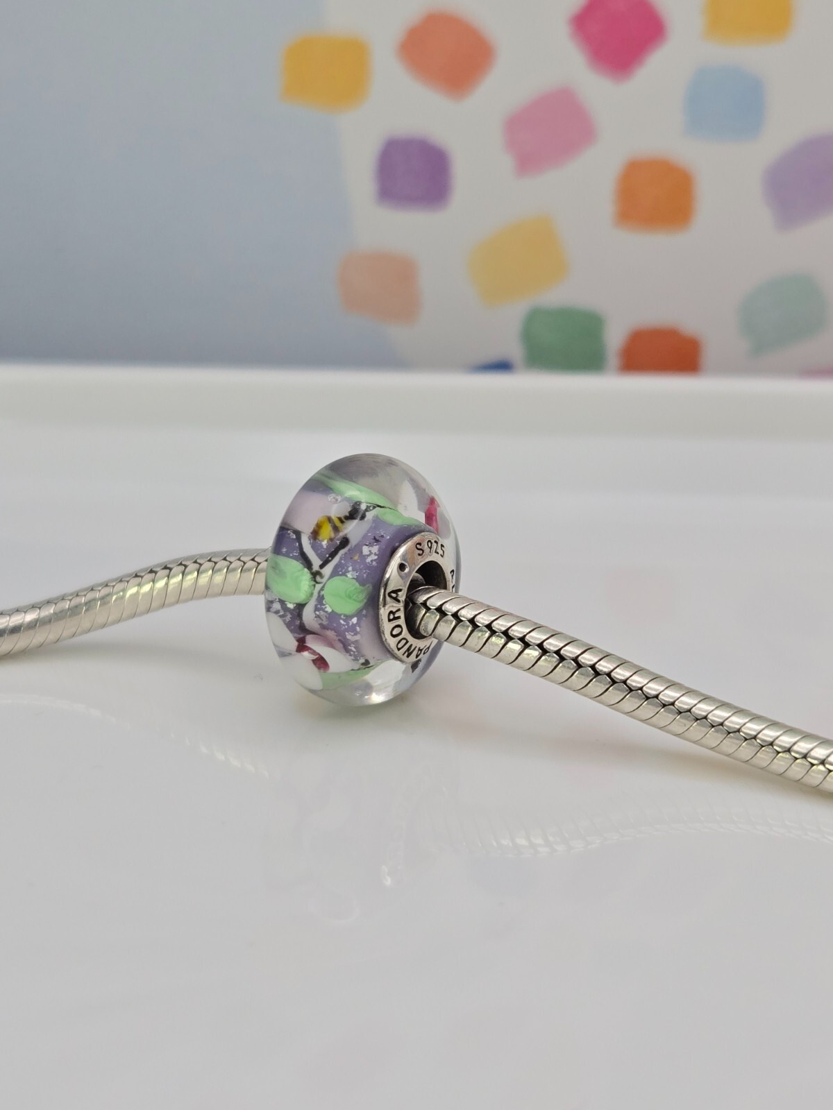 Authentic Pandora Bee silver flowers bee Murano Glass Silver murano Charm