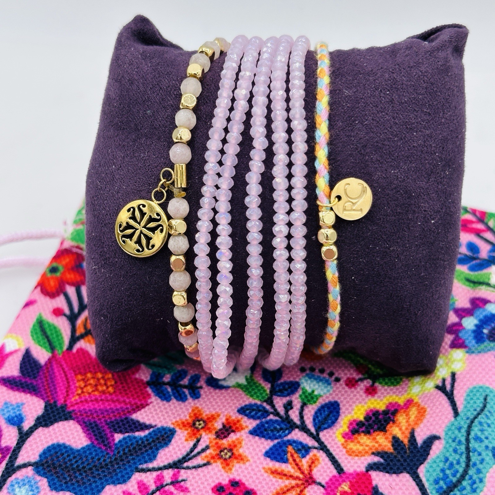 Rustic Cuff Pink Bracelet Stack Set Floral Gift Bag Adjustable