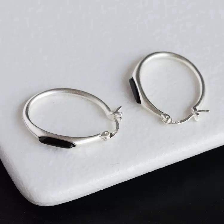 925 Silver Vintage Black Onyx Oval Hoop Earrings Minimalist Hoops for women 478