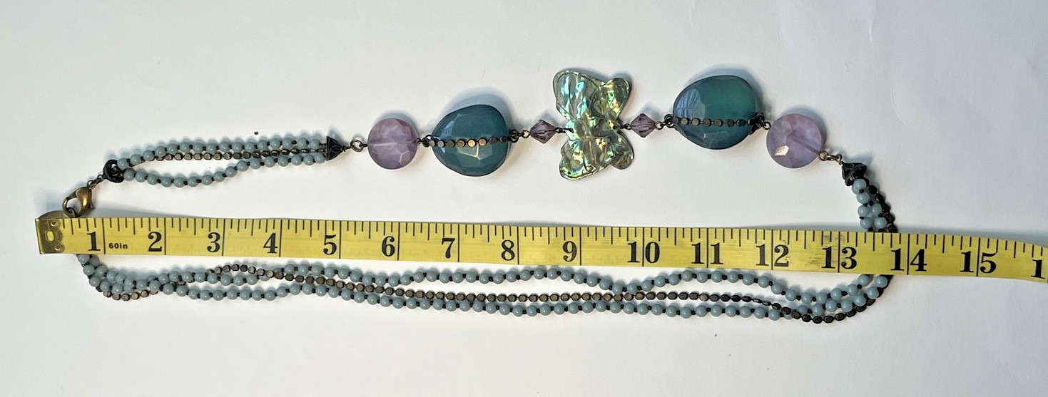 COLDWATER CREEK COPPER COLOR METAL ACRYLIC BLUE & LILAC BEADS BUTTERFLY NECKLACE