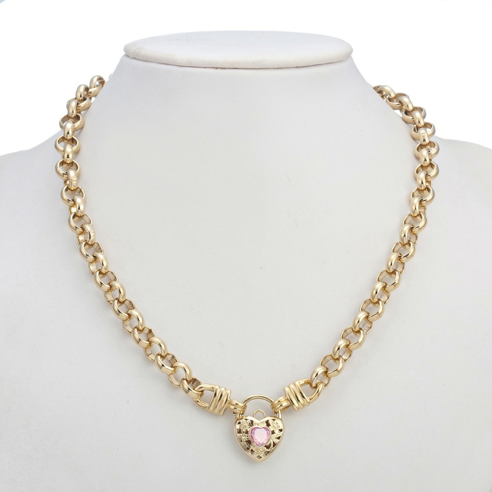 18K GL Thick Solid Belcher Yellow Gold Necklace Filigree Heart Padlock Rose Pink
