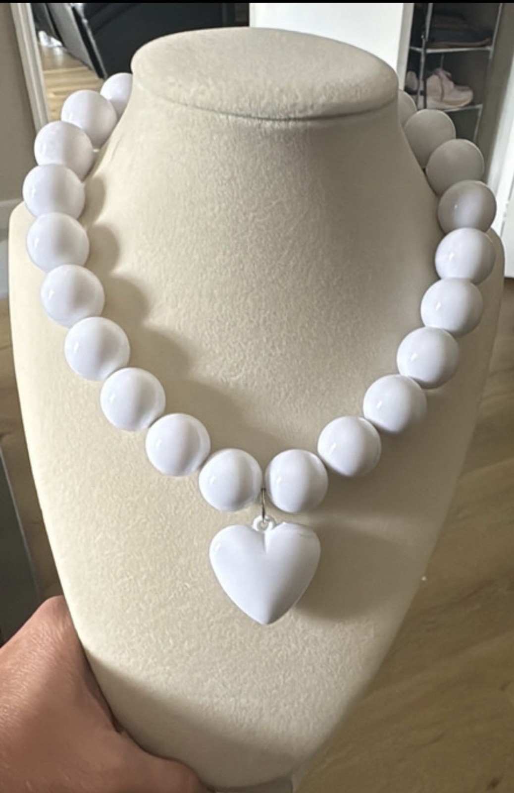 Orange Plastic Beaded Necklace w/ Silver Heart Charm Pendant, Adjustable