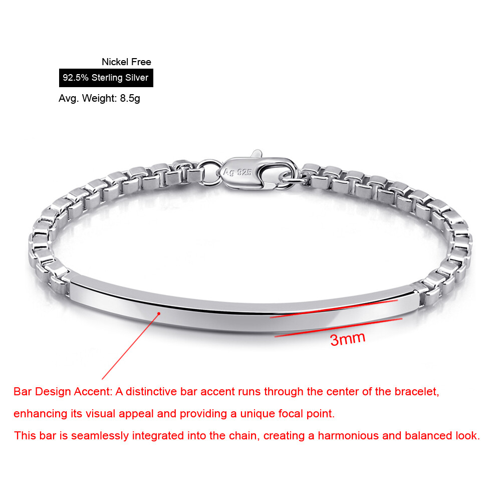 Exquisite Design 925 Sterling Silver 3mm Italian Venetian BOX Chain Bar Bracelet
