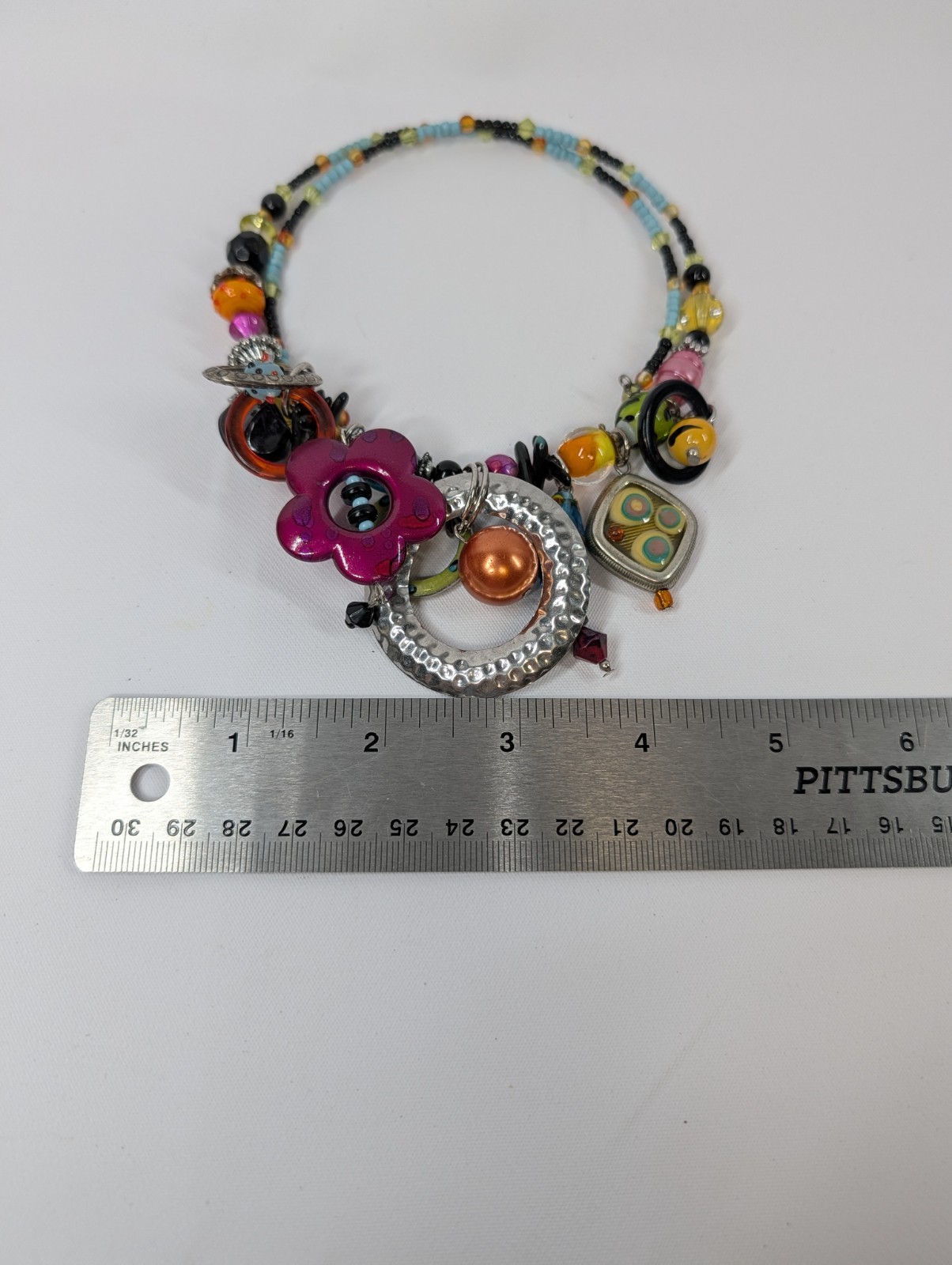 Treska Vintage Charm Bib Necklace Multicolor Lampwork Enamel Flower Estate