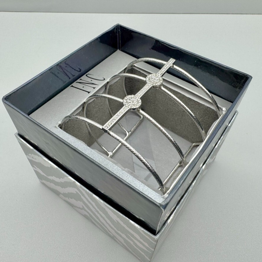 INC Cuff Bracelet Silver Tone Open Work Modern Classy Feminine Cocktail Chic