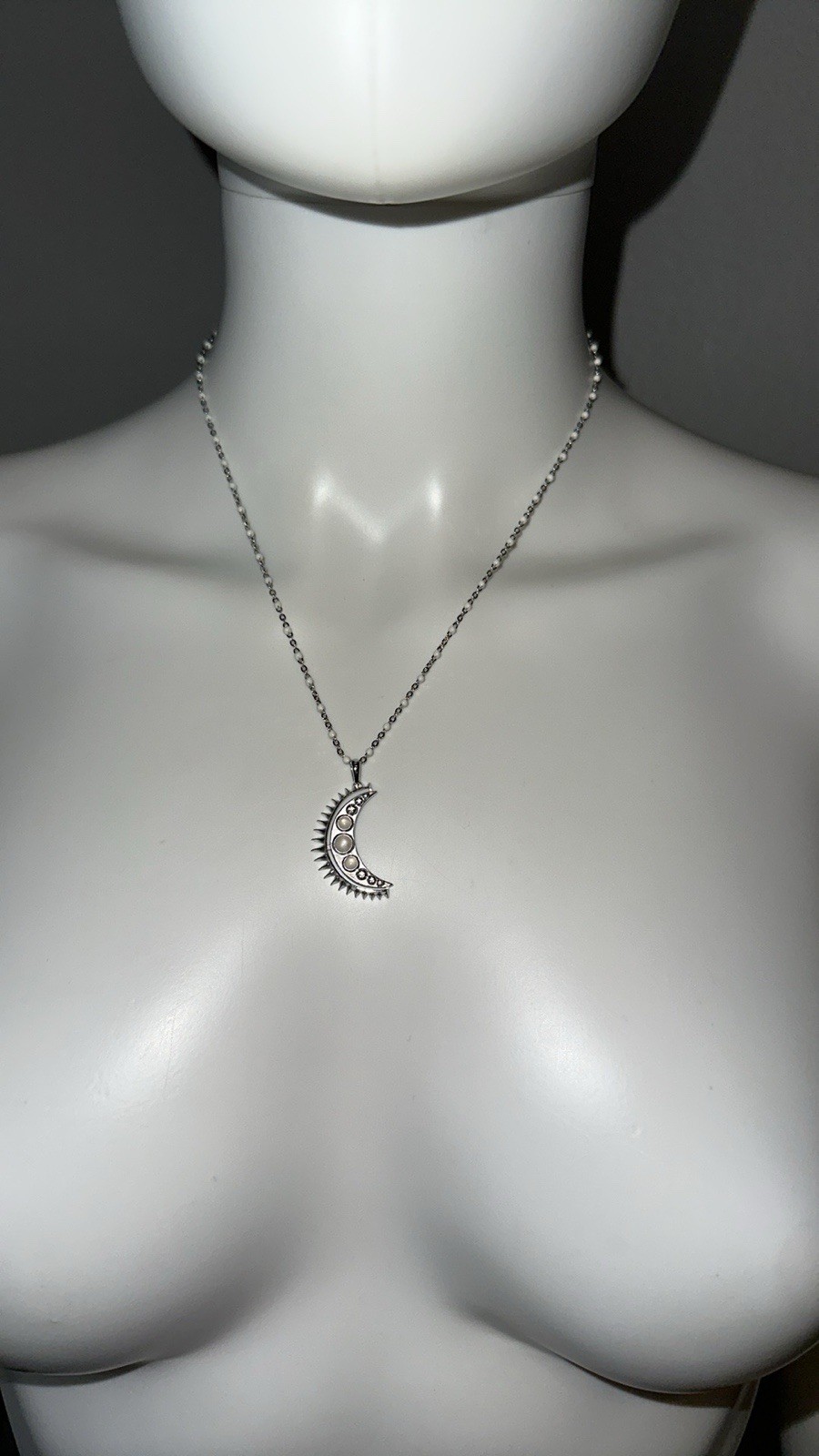 NEW Awe Inspired silver crescent moon moonstone necklace w white enamel chain