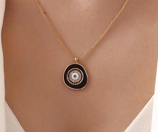PERGEN 14K Gold-Plated Black, Authentic Evil Eye Necklace Summer Minimalist Gift