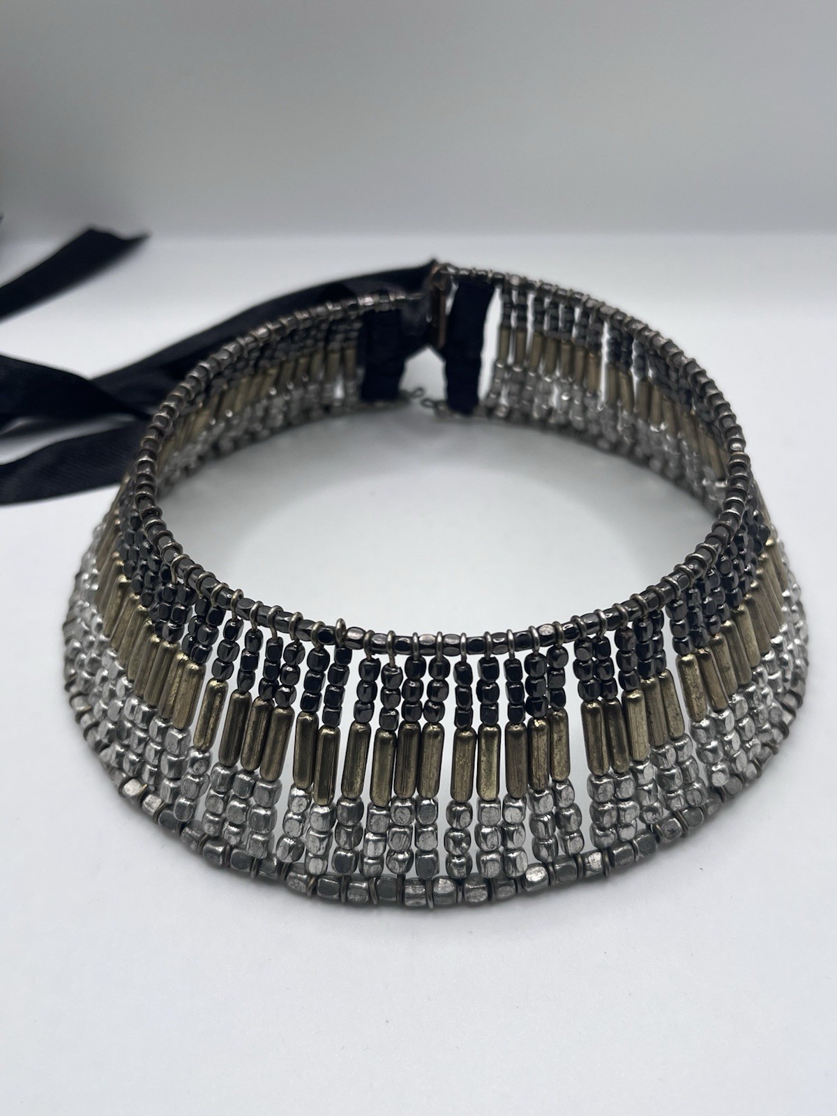 Iris Apfel & Bajalia Tri-color Metal Beaded Chunky Collar Statement Necklace