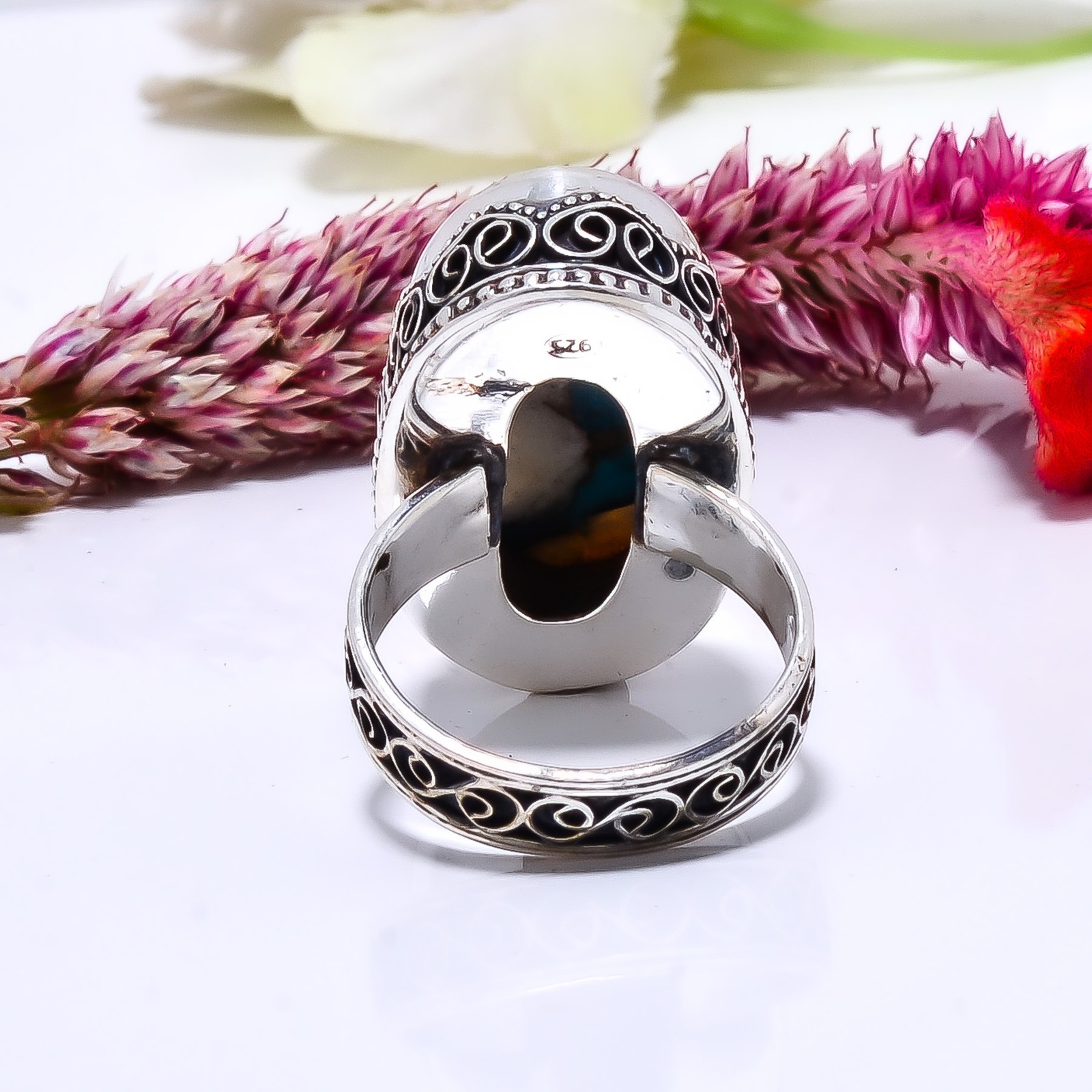 Copper Spiny Oyster Arizona Turquoise fine Art 925 Sterling Silver Ring S.9 R143