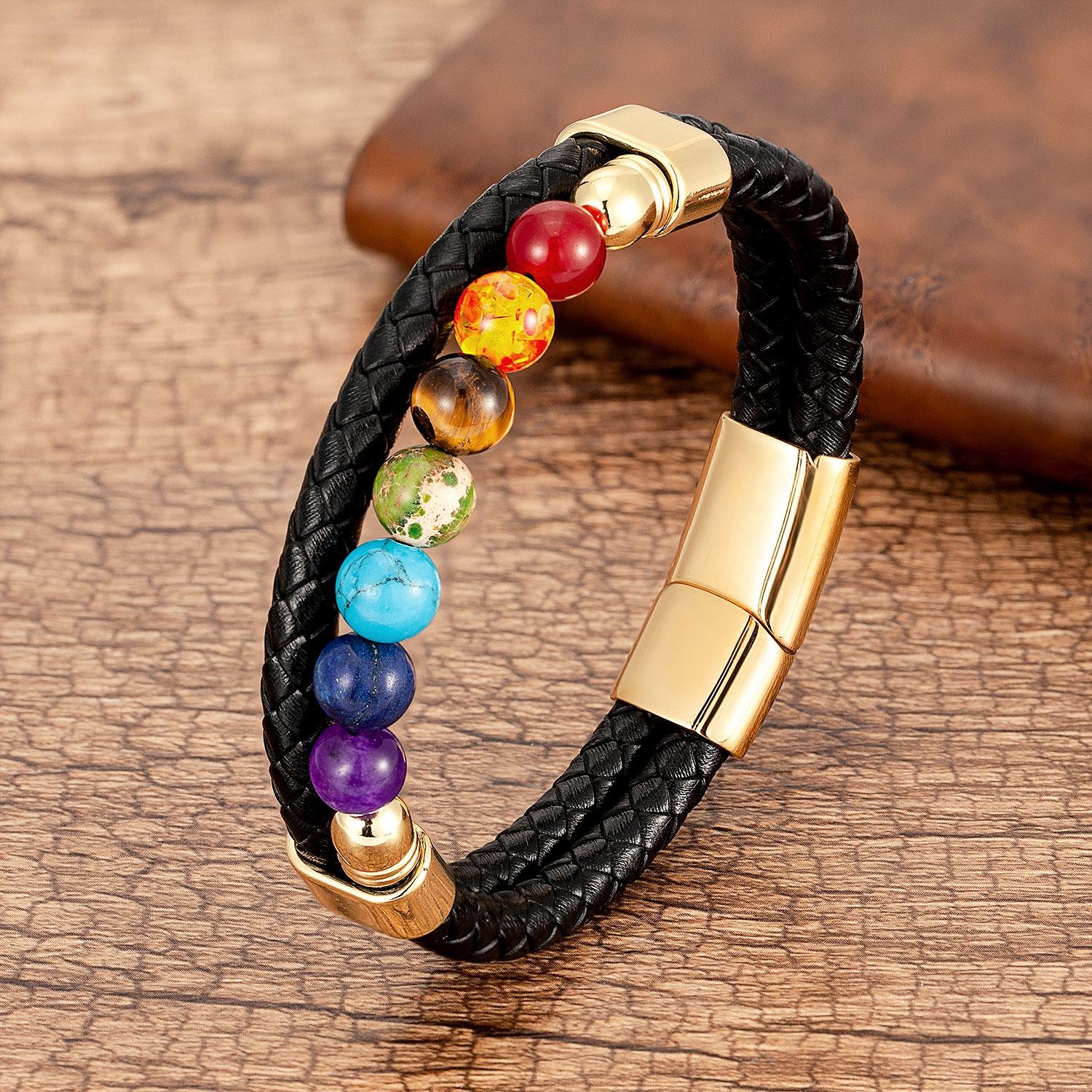 Chakra Bead Stone Bracelet Black Leather Steel Bangle for Men and Women