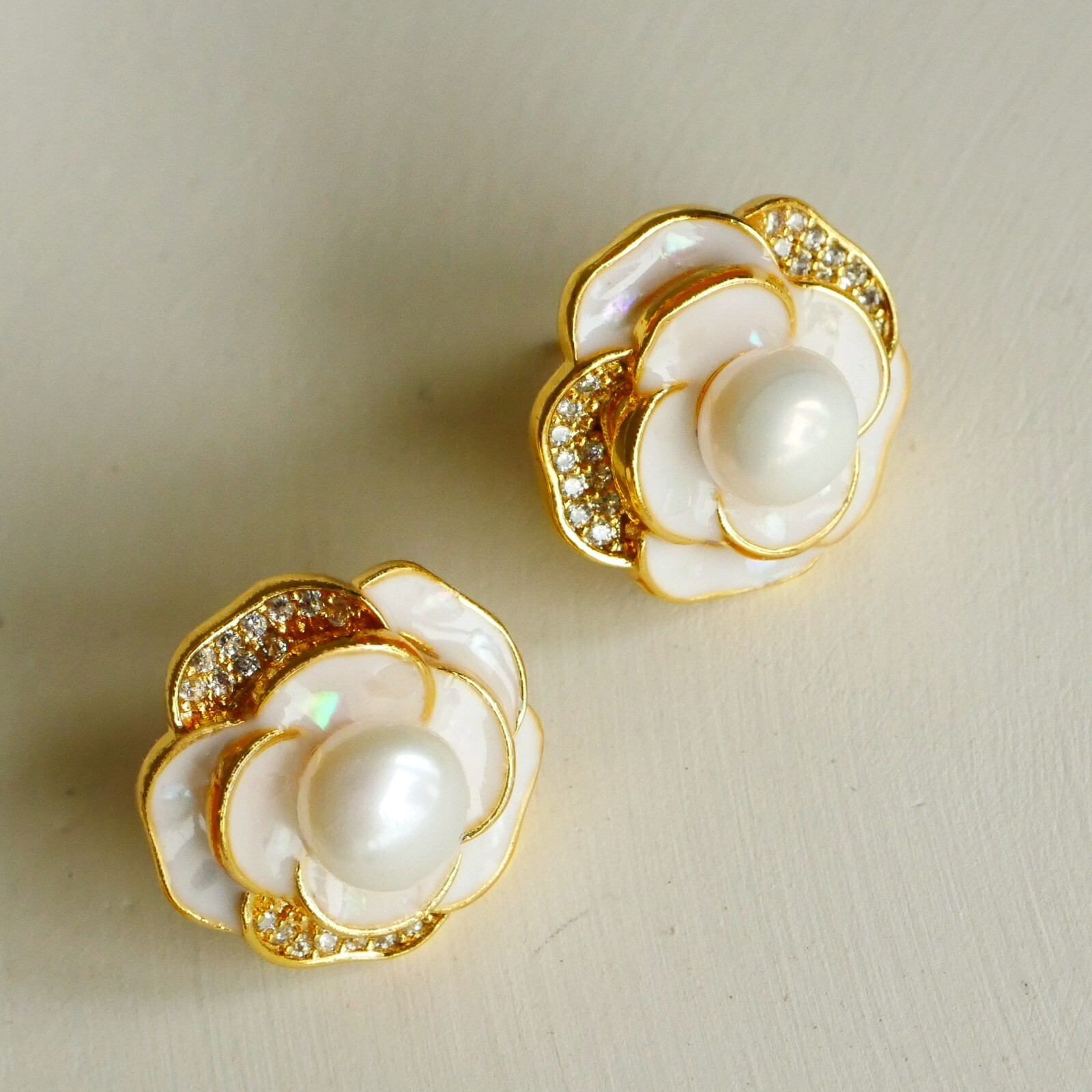 Real Freshwater Button Pearl Camellia Stud Earrings, Vintage Floral Earrings
