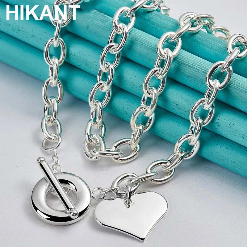 925 Sterling Silver Heart Pendant OT Thick Chain Necklace Women Fashion Jewelry