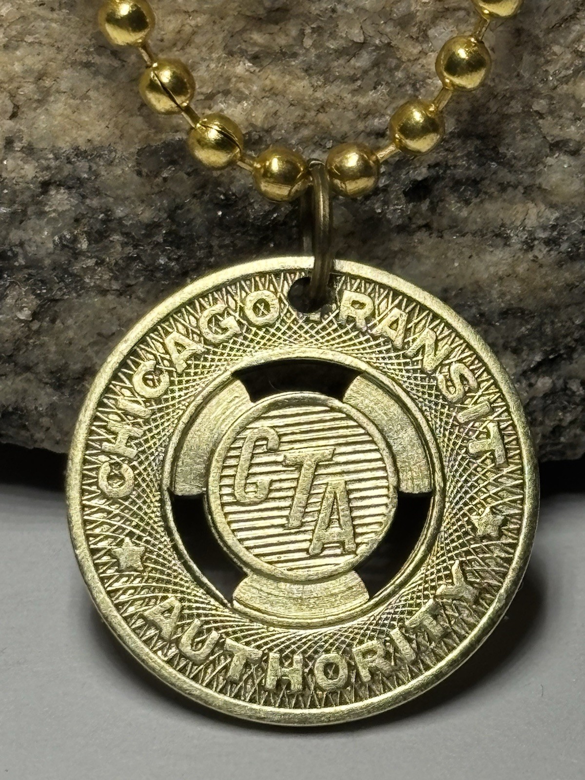Vintage Chicago CTA Transit Token Necklace Gold Tone Ball Chain. Wear History!