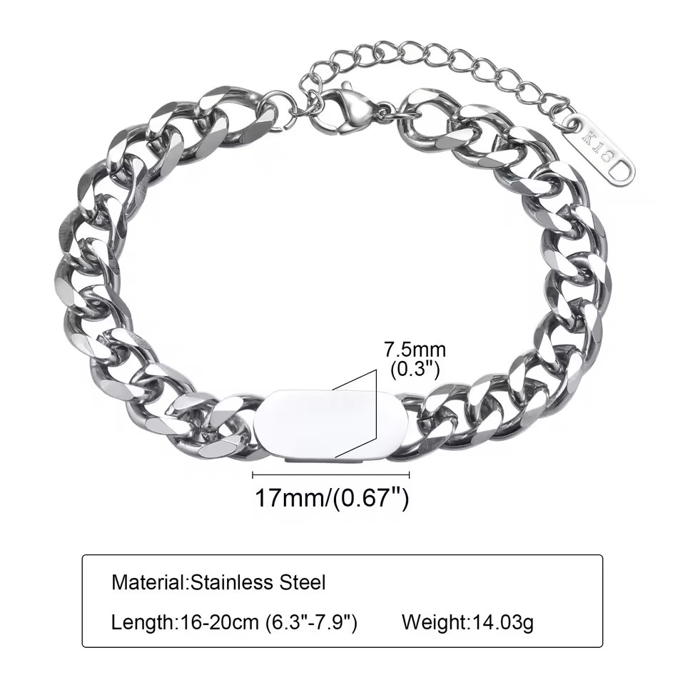 Custom Engraved Name 7.8mm Thick Cuban Chain Bracelet Jewelry Men Women Silver