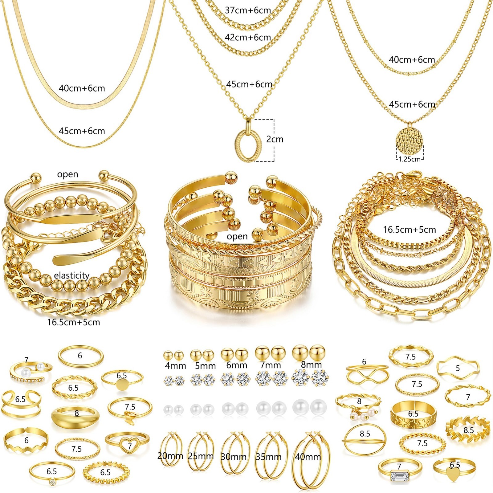 68 Pcs Gold Jewelry Set for Women – Necklaces, Bracelets, Earrings & Rings Gift