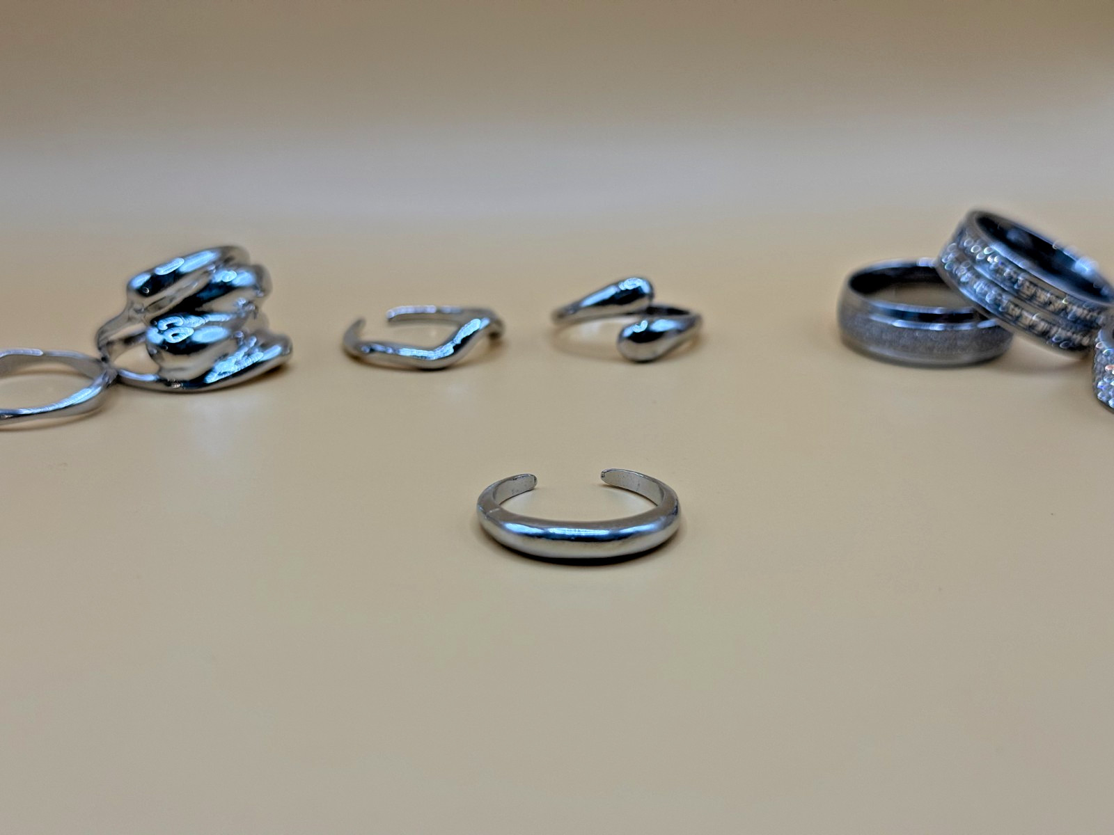 8 Pc Fashion Ring Lot – Adjustable & Fixed Rings – Cubic Zirconia Silver Tone