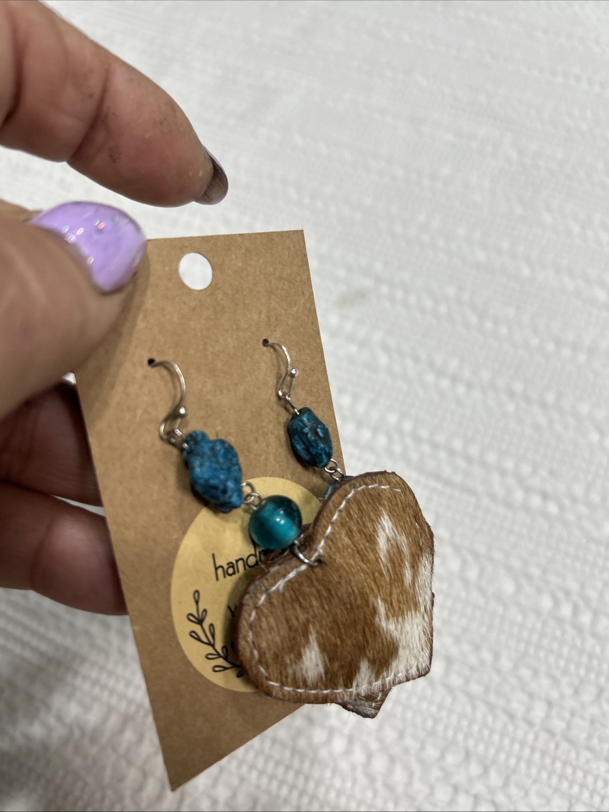Faux Cowhide & Turquoise Dangle Earrings Handmade 2.5” Heart Nickle Free New