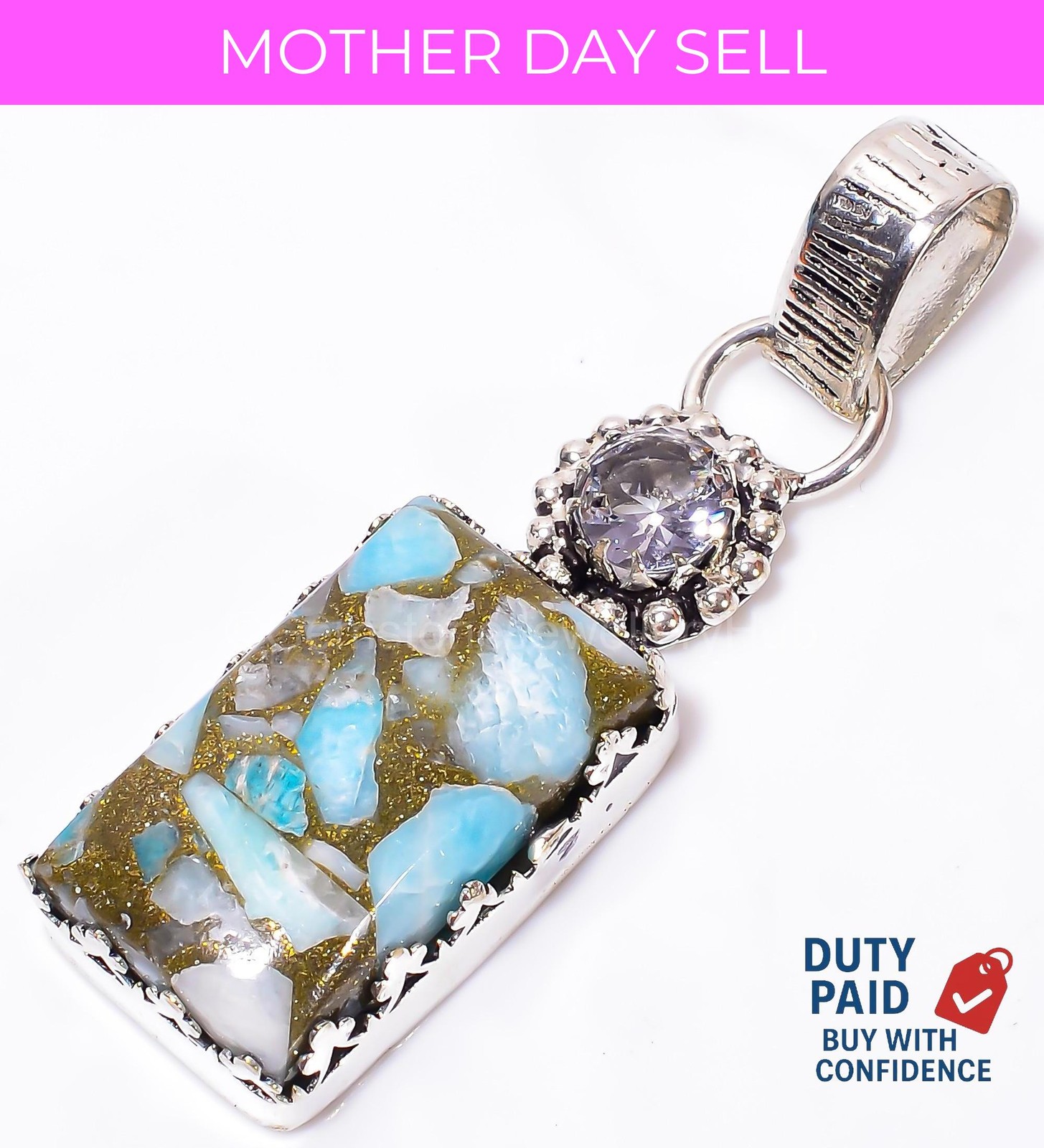 Radiant Spiny Copper Amazonite Sterling Silver Art Deco Anniversary Wife Pendant
