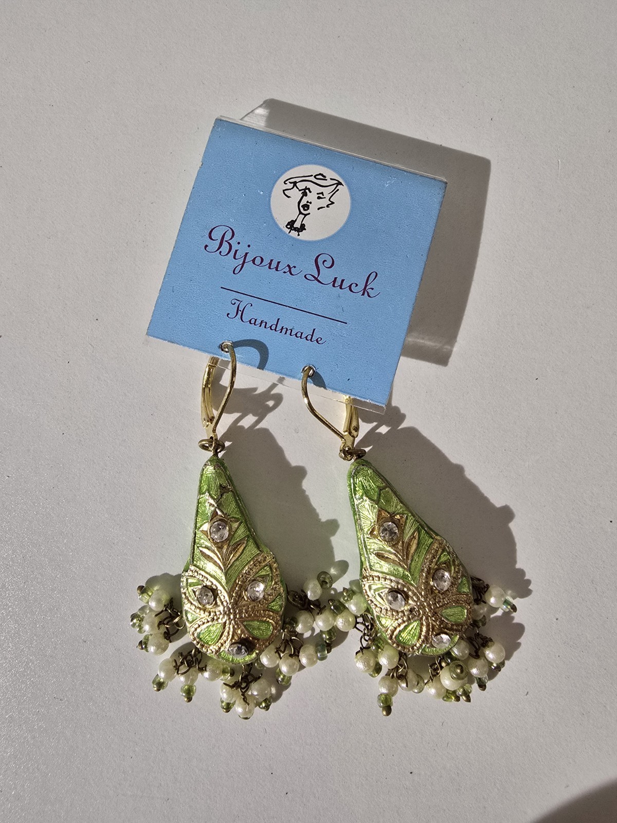 Handmade Statement Earrings Green Gold Enamel Crystal Pearl Beads Bijoux Luck
