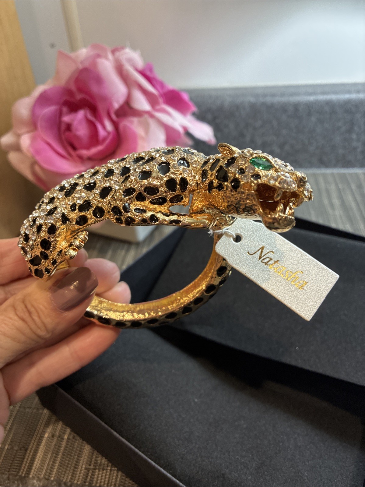 Natasha Gold Leopard Panther Cuff Bracelet Rhinestone, Enamel Green Eyes.