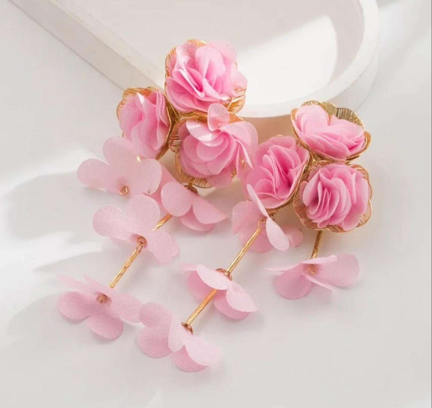 Pink Floral Flower Fabric Dangle Drop Earrings Stud Closure Lobe Gold Tone