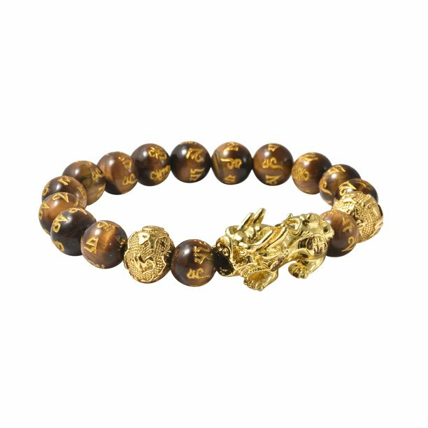Pixiu Feng Shui Yellow Tigers Eye Carved Beaded Bracelet Gold Dragon Size 6.5″