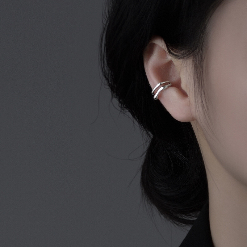 A Pair 925 Sterling Silver Gold Plated Double Lines Ear Cuff Earrings Women TH6